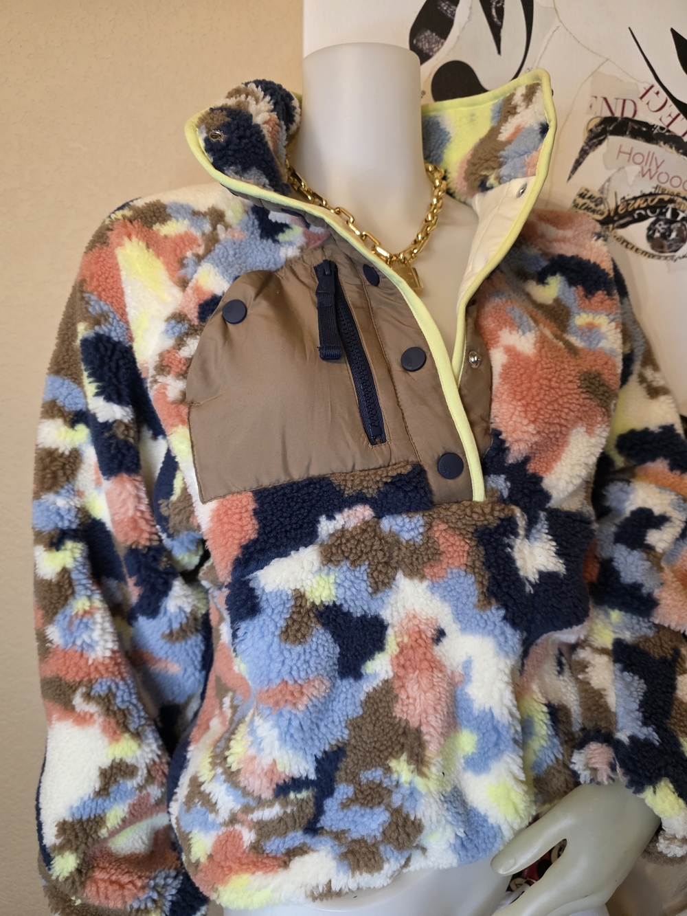 NEW Free People Multi-Color Sherpa Pullover with YELLOW LIME Trim HIT THE SLOPES